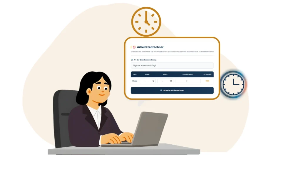 Arbeitszeitrechner zur Berechnung der täglichen, wöchentlichen und monatlichen Netto- und Bruttoarbeitszeit einschließlich Pausen und Schichten.